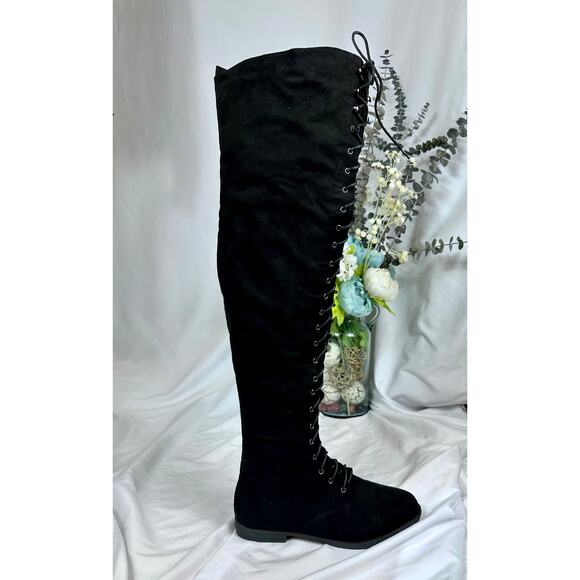 Tall Talk Flat Lace Up Over the Knee Boot - Black 10 - Picture 6 of 16